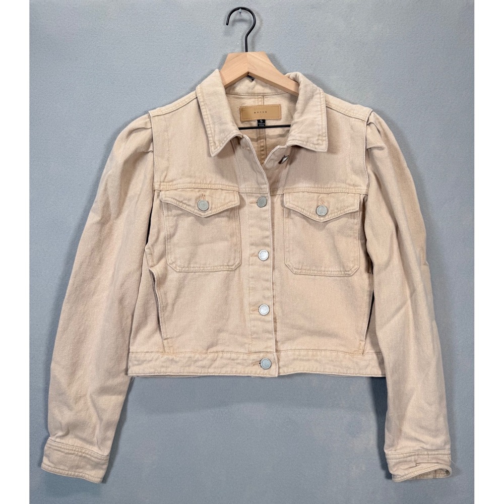BlankNYC Cropped Trucker Jacket Utility Puff Shoulder Sand Beige Small